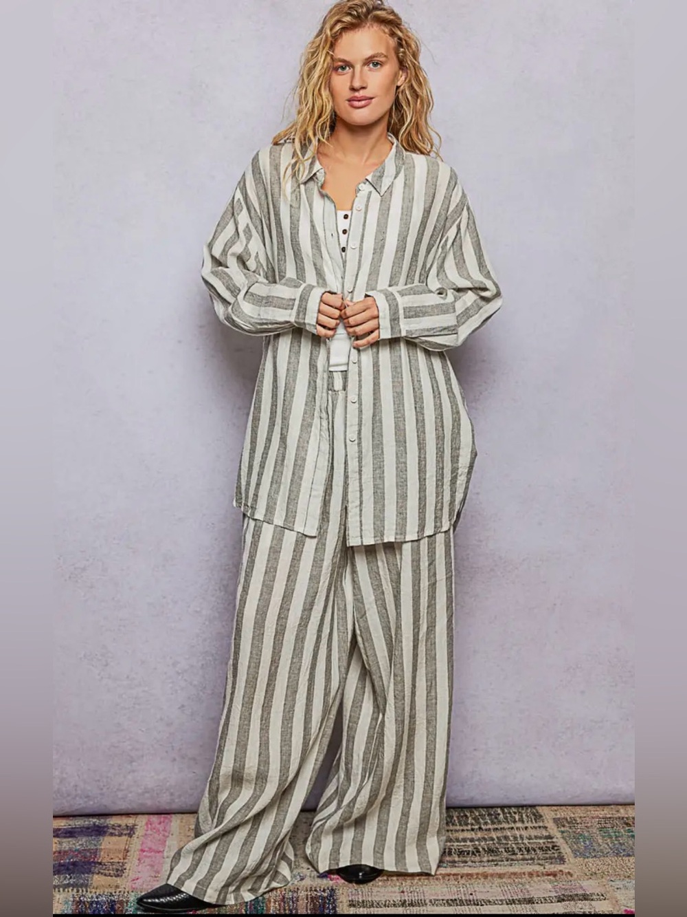 NEW POL SET Striped Linen Button Down Side Cinch Shirt and Linen Wide Leg Pants